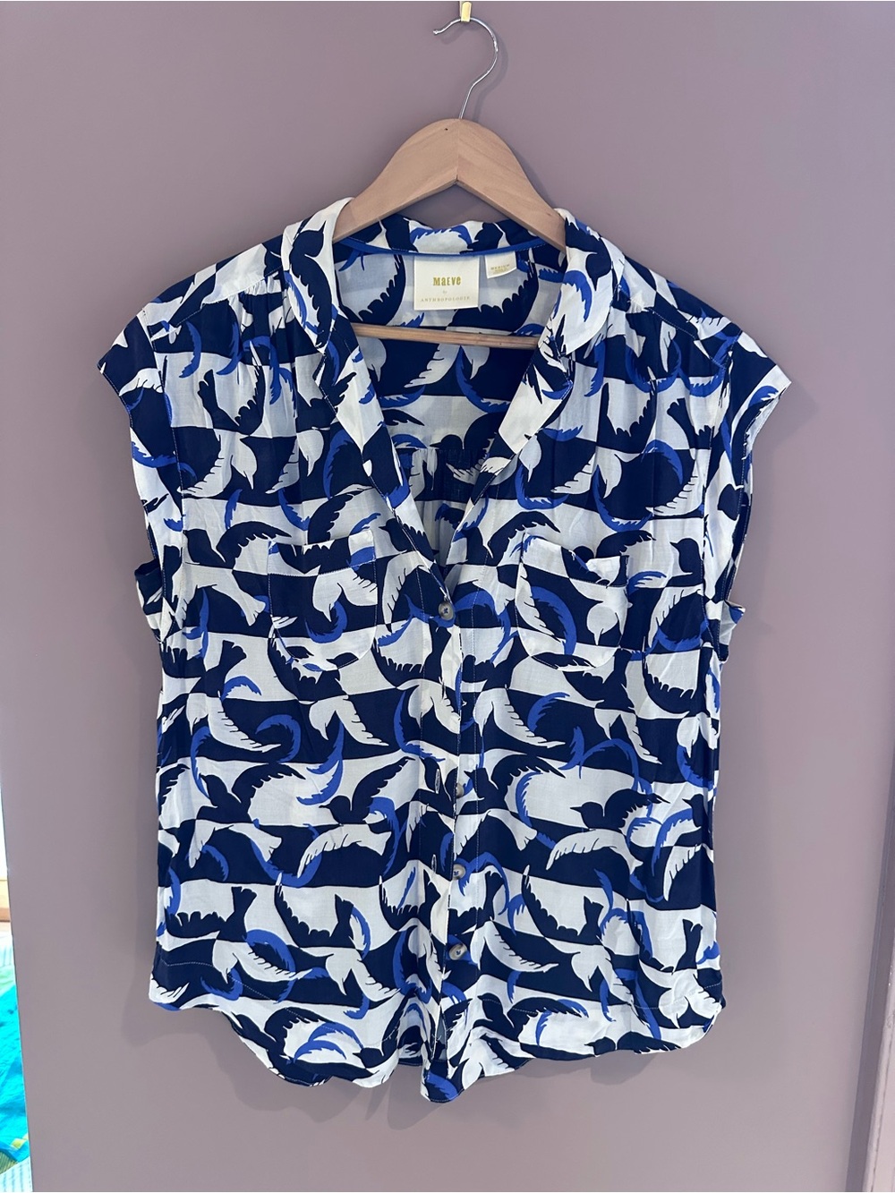 Anthropologie Navy & White Printed Button-Down Cap Sleeve Blouse